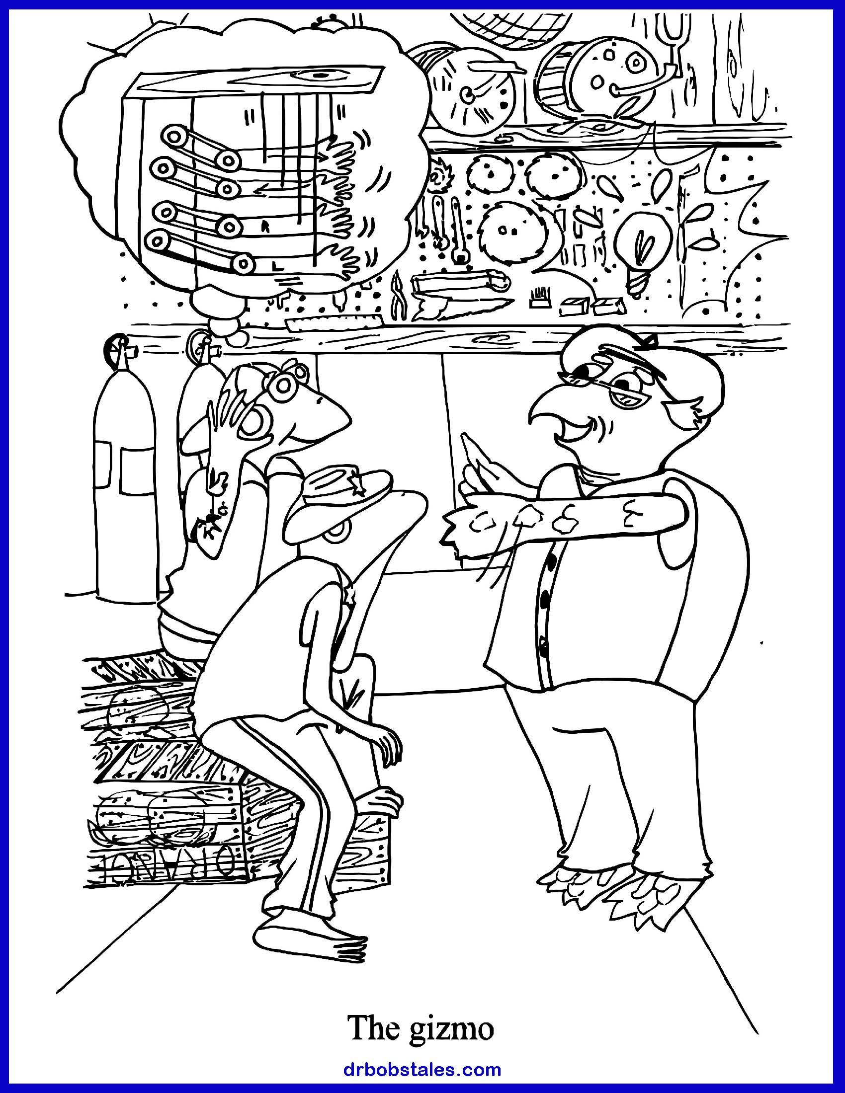 Two cartoon characters in a shop, one pointing at items above; the other looking. The setting is cluttered.
