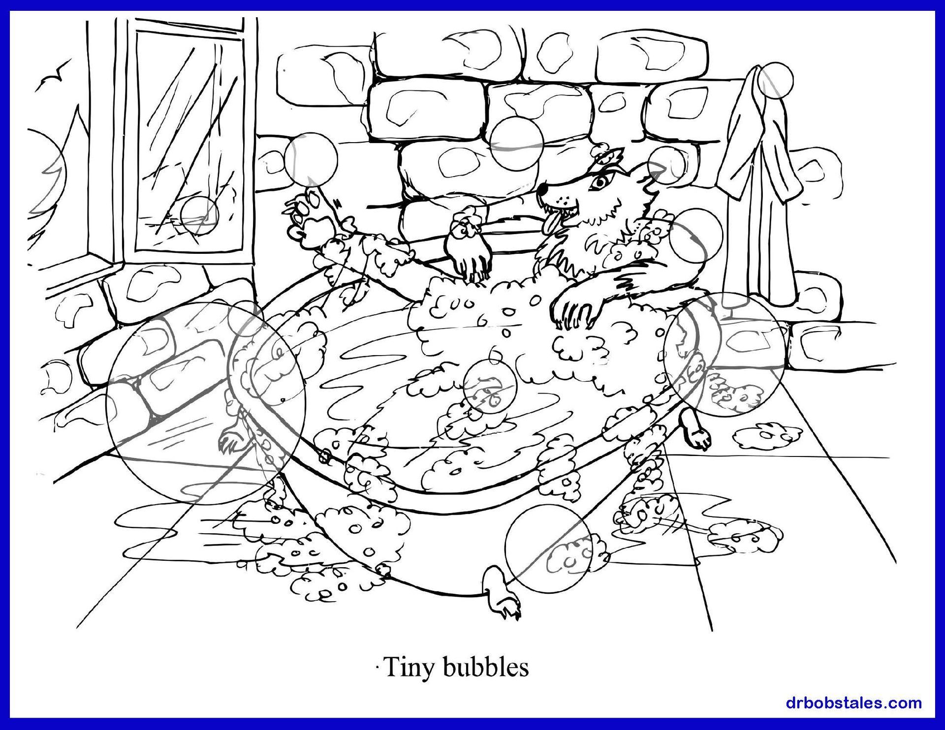 A furry creature relaxes in a bubble-filled bathtub. Stone walls, window, robe, and scattered bubbles.