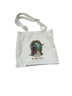 White tote bag with a colorful illustration of a doorway labeled