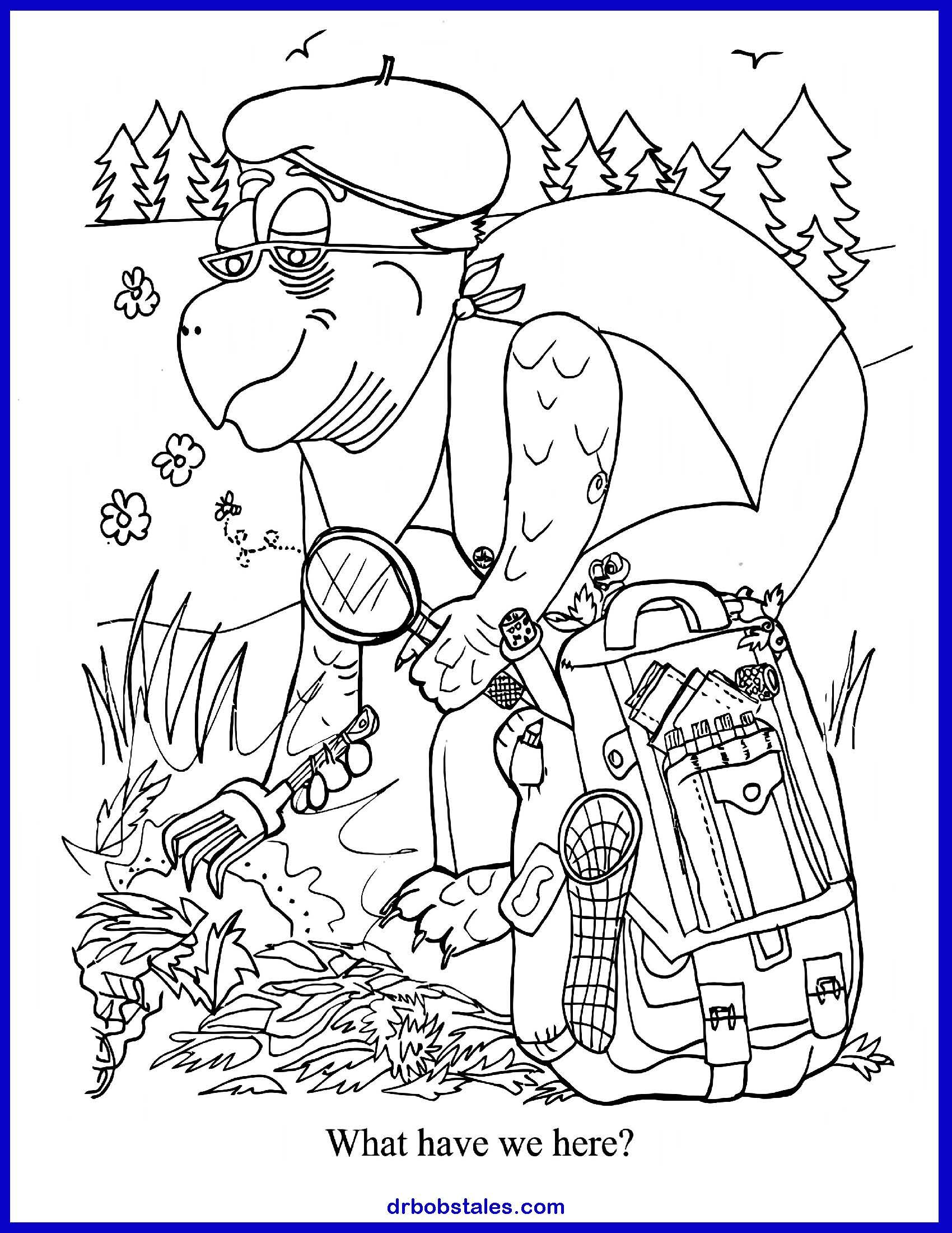 A turtle wearing glasses and beret, examining leaves with a magnifying glass. Backpack is nearby.