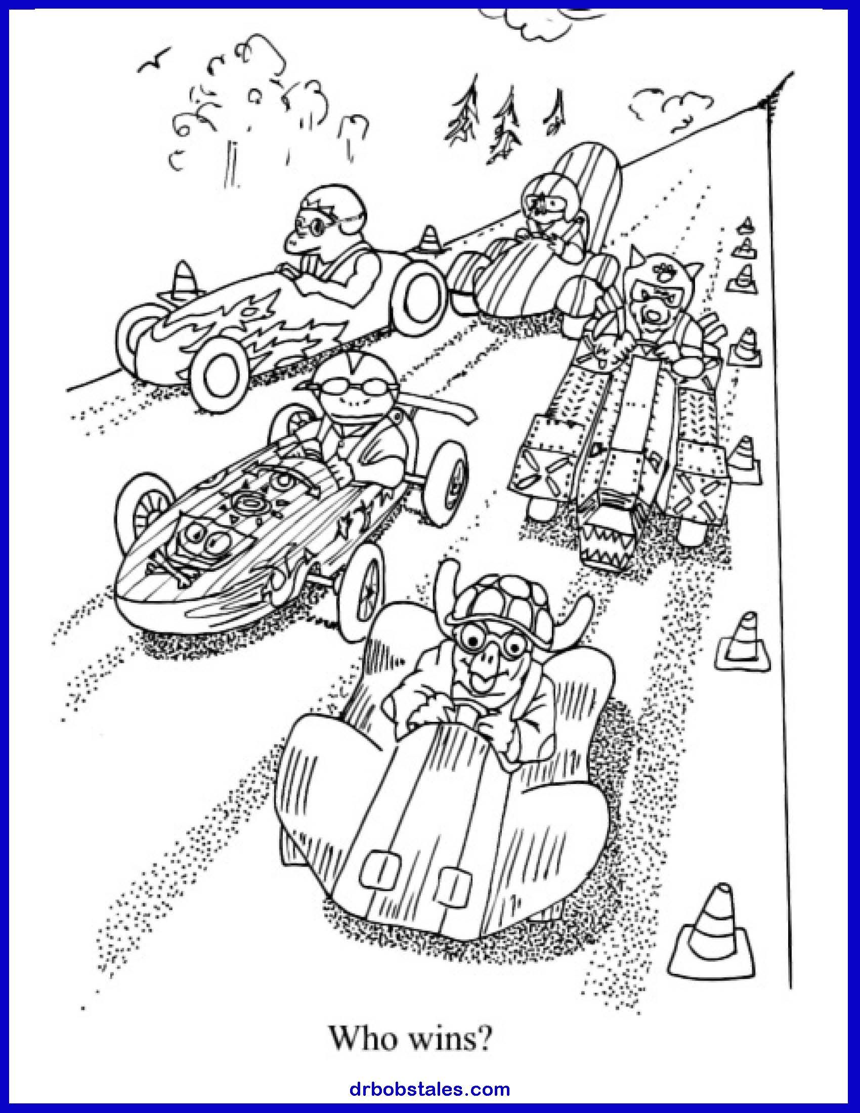 Race of cartoon characters in go-karts. Characters driving on a road. 