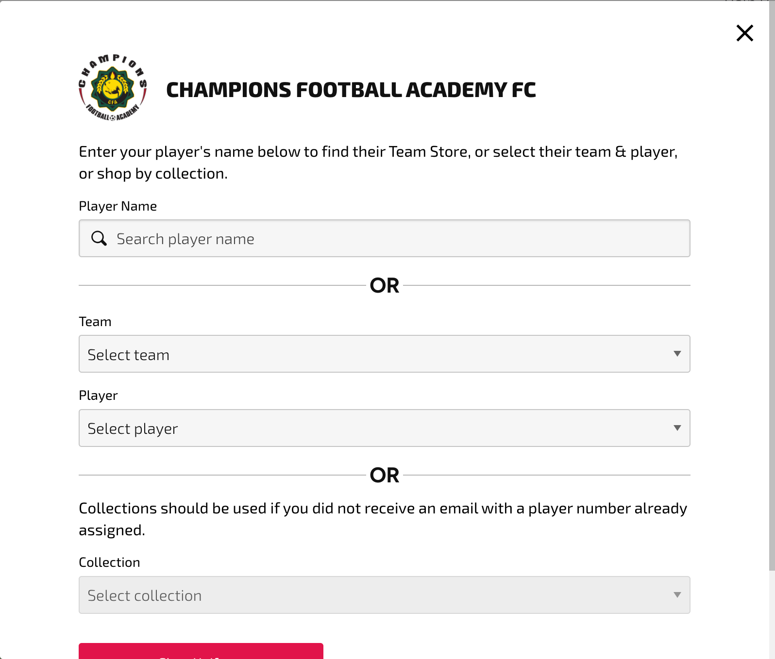 Champions Football Academy FC player profile form with search, team and collection dropdowns