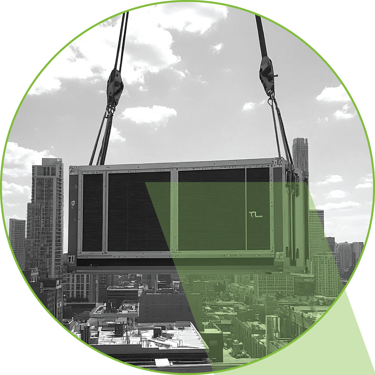 A crane hoists a large shipping container over a city skyline, with a green overlay highlighting the container.