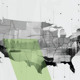 Transparent green overlay on a grayscale map of the western and central United States