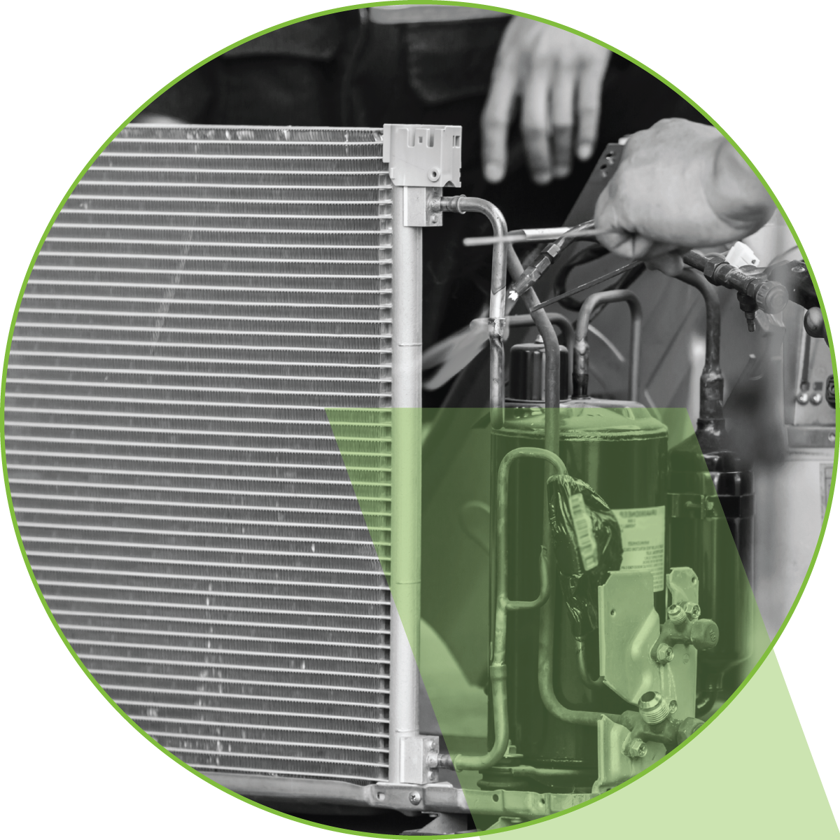 Technician repairing a car radiator with tools, close-up in a garage