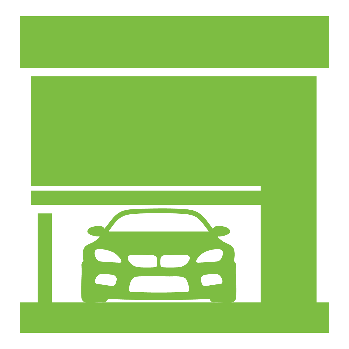 Green parking garage icon with a car inside a covered bay