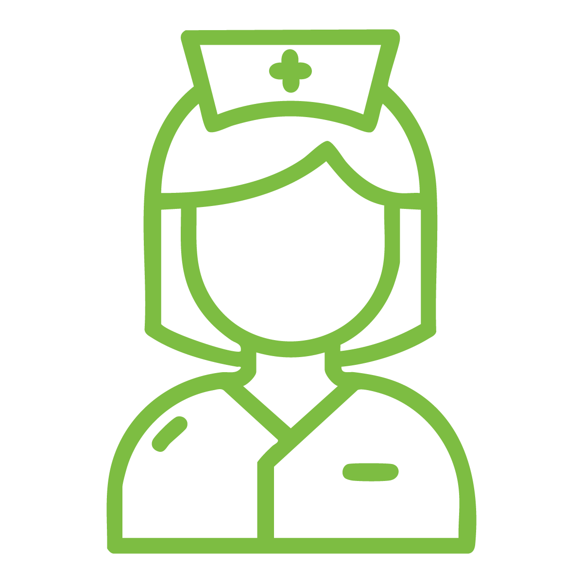 Green outline icon of a nurse in a cap with a medical cross, wearing a uniform.