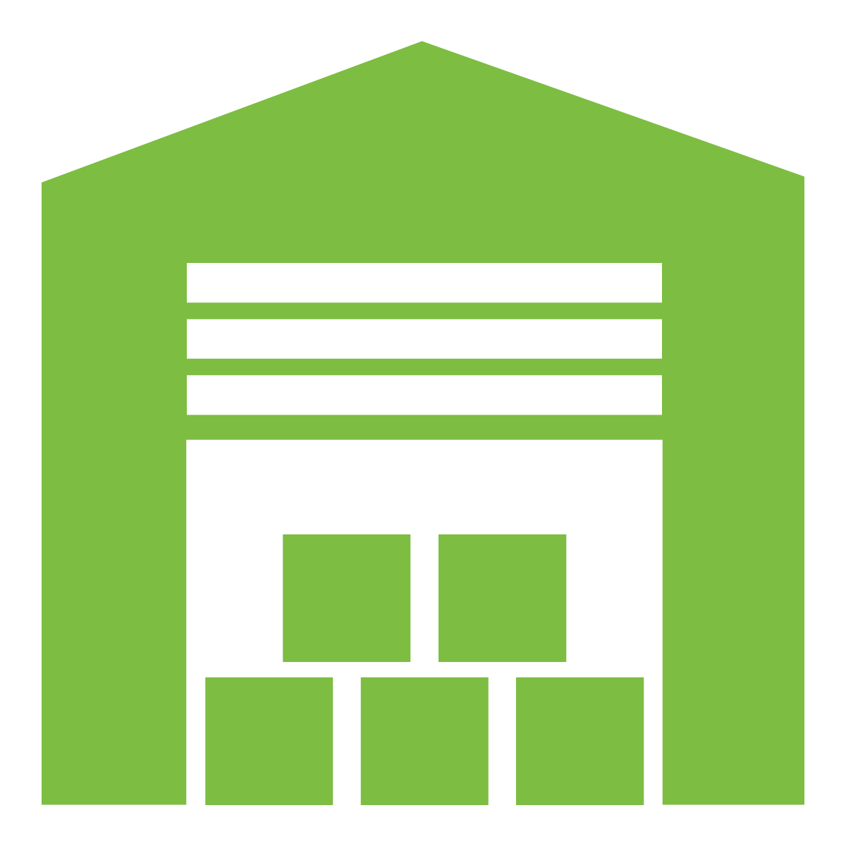 Green warehouse icon with white stacked boxes and shelves inside a house-shaped outline