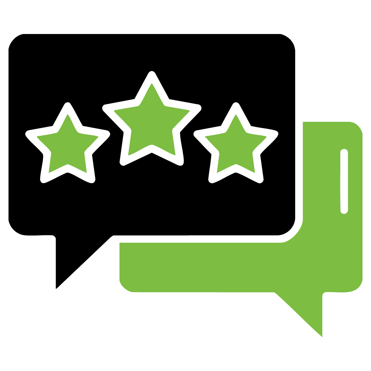 Green and black chat bubbles with three green stars, suggesting a review rating icon