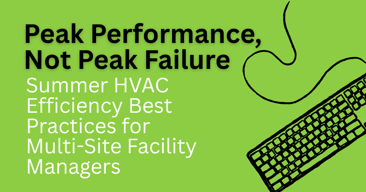 Green HVAC poster reading “Peak Performance, Not Peak Failure” with keyboard graphic and wavy line art
