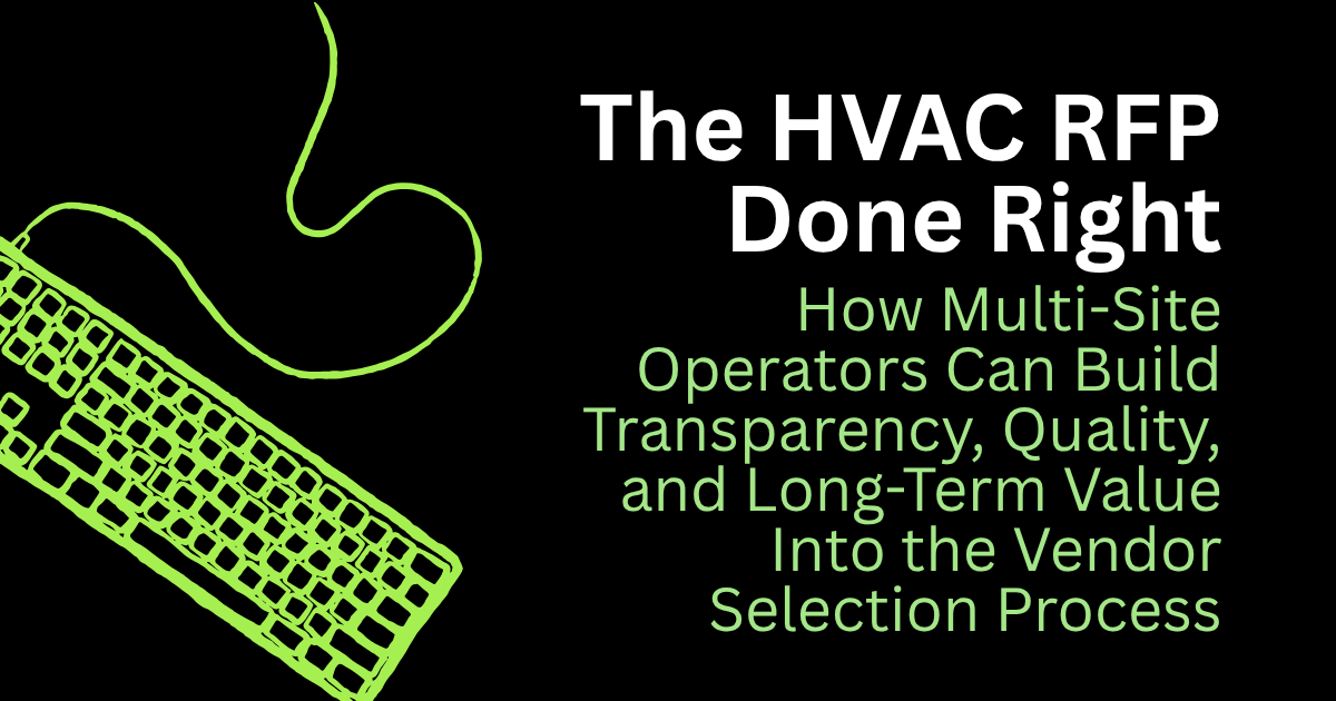 Black slide with neon green keyboard and cable, titled “The HVAC RFP Done Right” with subtitle text.