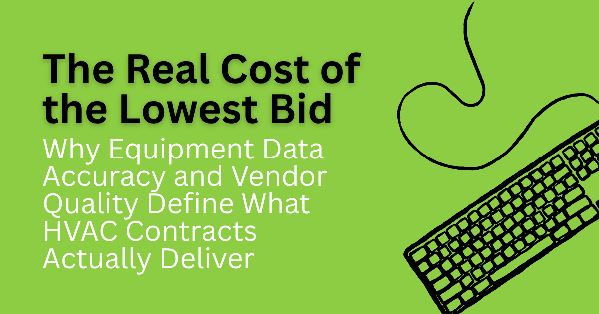 Green title slide reading “The Real Cost of the Lowest Bid” with subtext about HVAC contracts and a keyboard graphic