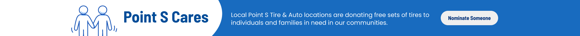 Point S Cares banner with logo, blue background, and a white call-to-action button