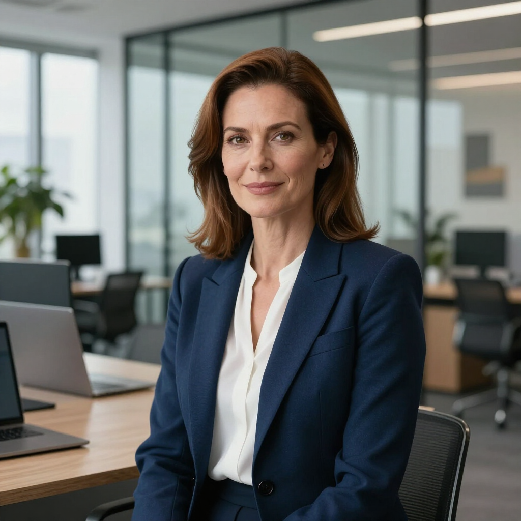Woman in a navy blazer seated in a modern office, looking at the camera