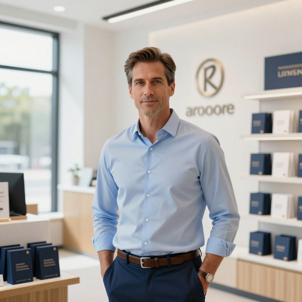 Man standing in a bright retail showroom with shelves of boxed products and a brand logo behind him