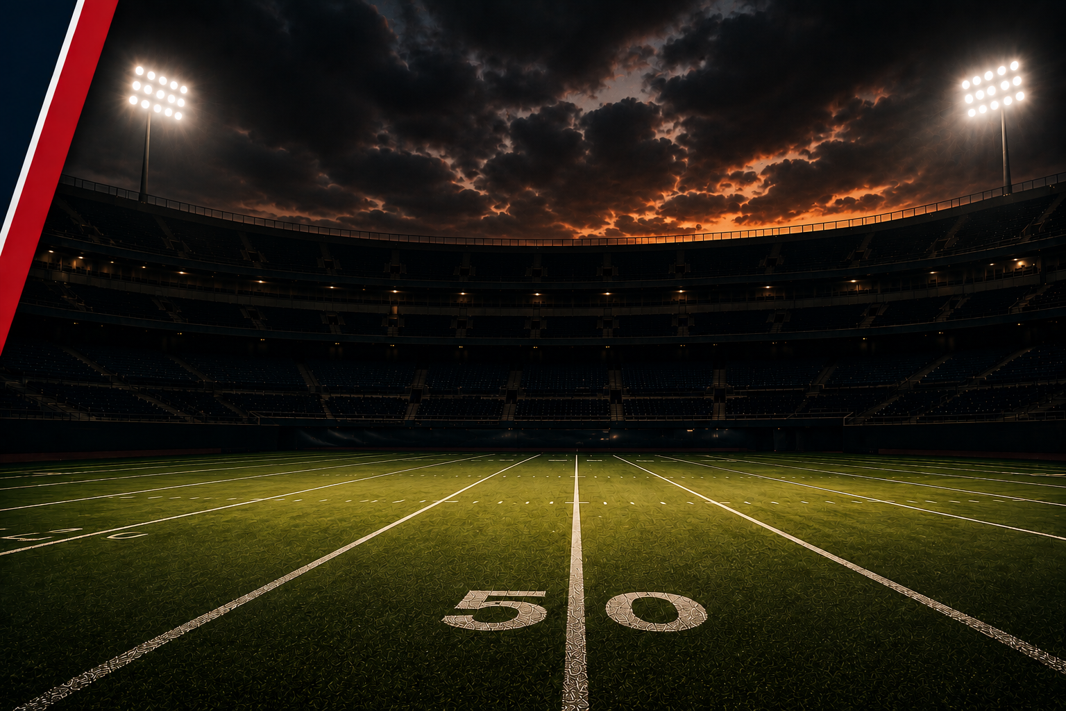 Empty football stadium at night with bright floodlights and the 50-yard line centered on the field