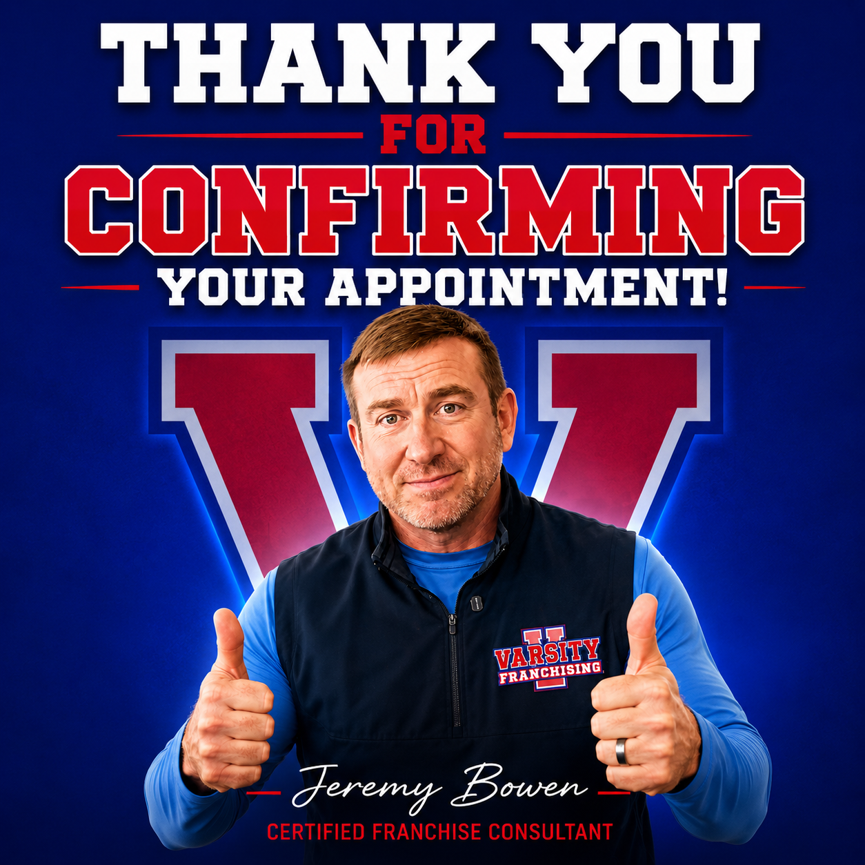 Thank-you graphic for confirming appointment, with man giving thumbs up on blue background.