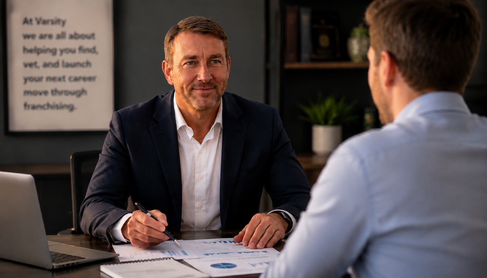 Man in navy blazer talking with a client across a desk in a modern office, holding a pen over documents.
