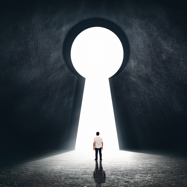 Person standing before a bright keyhole-shaped opening in a dark room