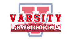 Varsity Franchising logo with a red &ldquo;V&rdquo; and bold red lettering on a white background