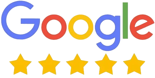 Google logo with five gold stars.