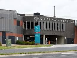 Modern hospital building exterior with blue signage, blue sky, and a small tree.