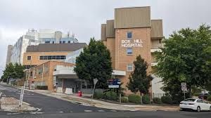 Modern hospital building with blue 