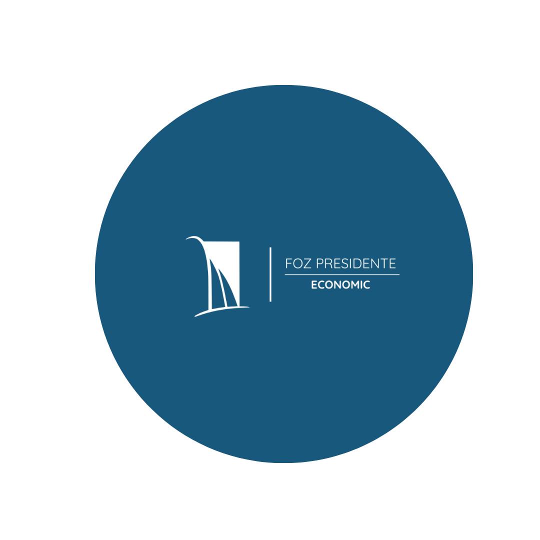 Logotipo circular azul com um ícone de monumento branco e o texto “E-27 Residence Economic”.