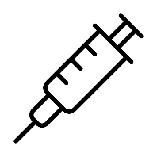 Ícone de seringa preta inclinada diagonalmente, com agulha e êmbolo delineados em arte linear simples.