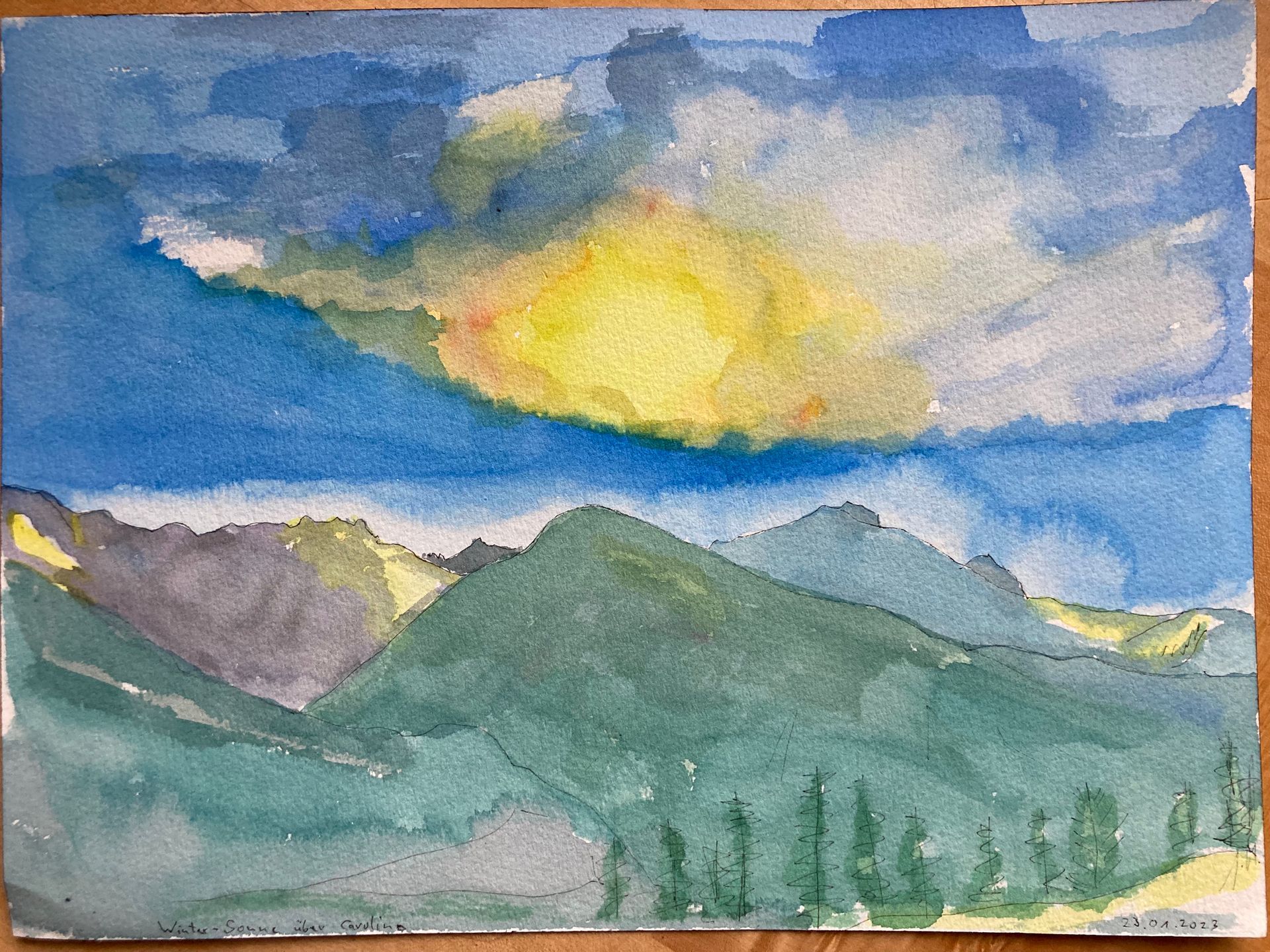 Gemalte Berglandschaft mit Sonne – Bild für Trost und Trauerhilfe