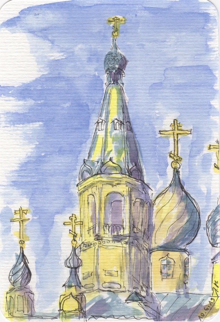 Kirchturmkreuz im Aquarell – Symbol für Glauben und Trauerbegleitung Schweiz
