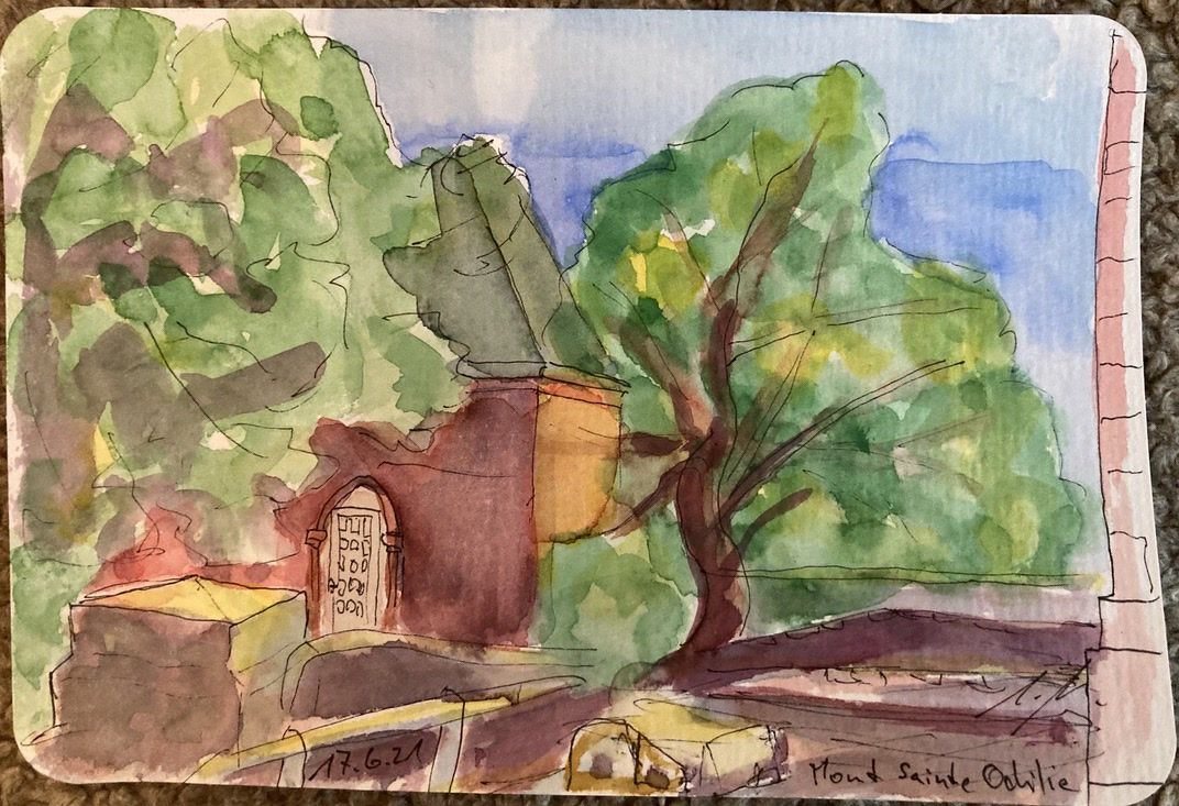 Tür und Baum in Aquarellfarben – Symbol für Loslassen und Trauerbegleitung Schweiz