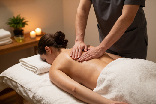Calm Swedish massage session with warm lighting