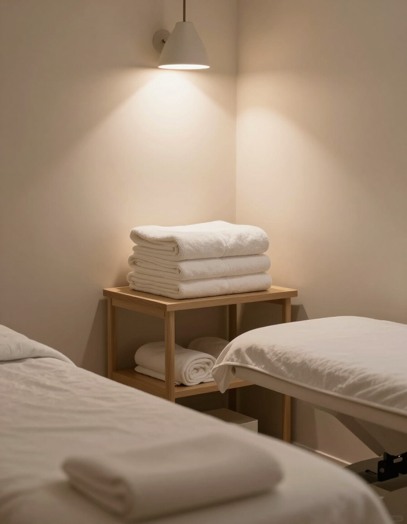Serene treatment room corner with soft towels and dim lighting