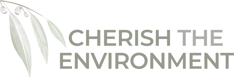 A logo for cherish the environment with a plant in the background.