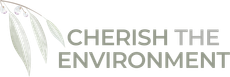 A logo for cherish the environment with a plant in the background.