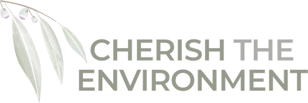 A logo for cherish the environment with a plant in the background.