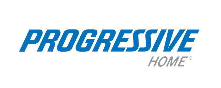 The logo for progressive home is blue and white on a white background.