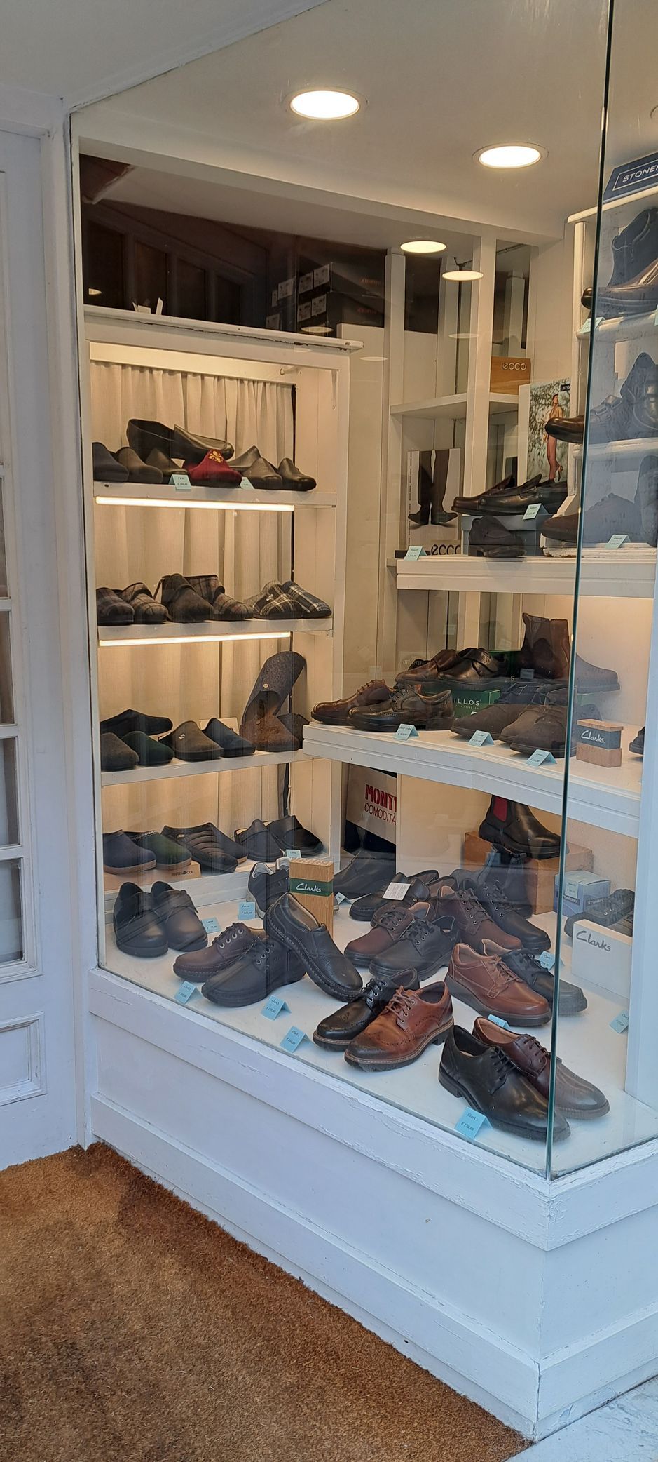 Vetrina di un negozio di scarpe con diverse scarpe sugli scaffali. Pareti bianche, luci calde e un tappeto marrone.