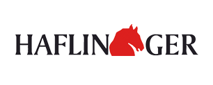 Logo di Haflinger, la parola con il simbolo della testa di cavallo rossa.