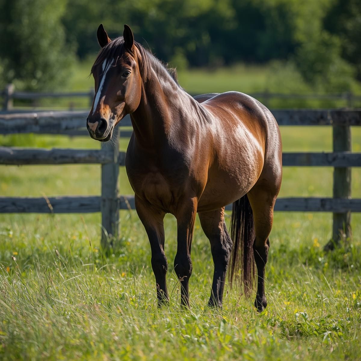 Bay horse standing in a grassy field, wooden fence in the background.
