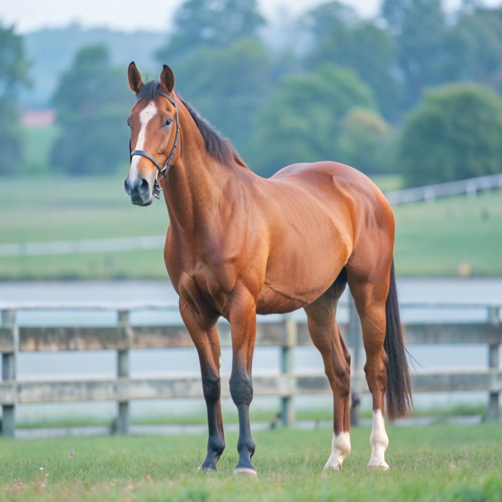 Brown horse in a grassy field, wearing a halter, with white markings on face and legs.