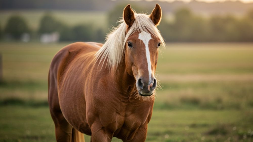Chestnut horse with blonde mane and white face marking in a green field.