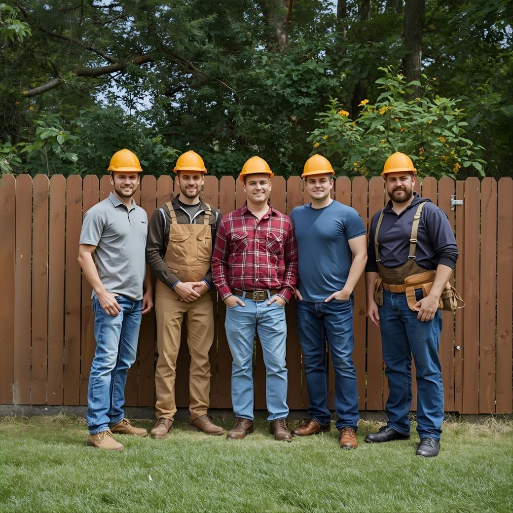 fence contractors in front of wooden fence