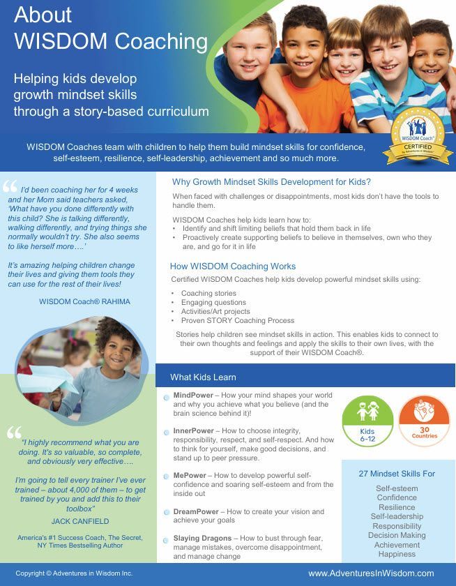 Flyer about Wisdom Coaching, with children's photos and content on developing growth mindset skills.