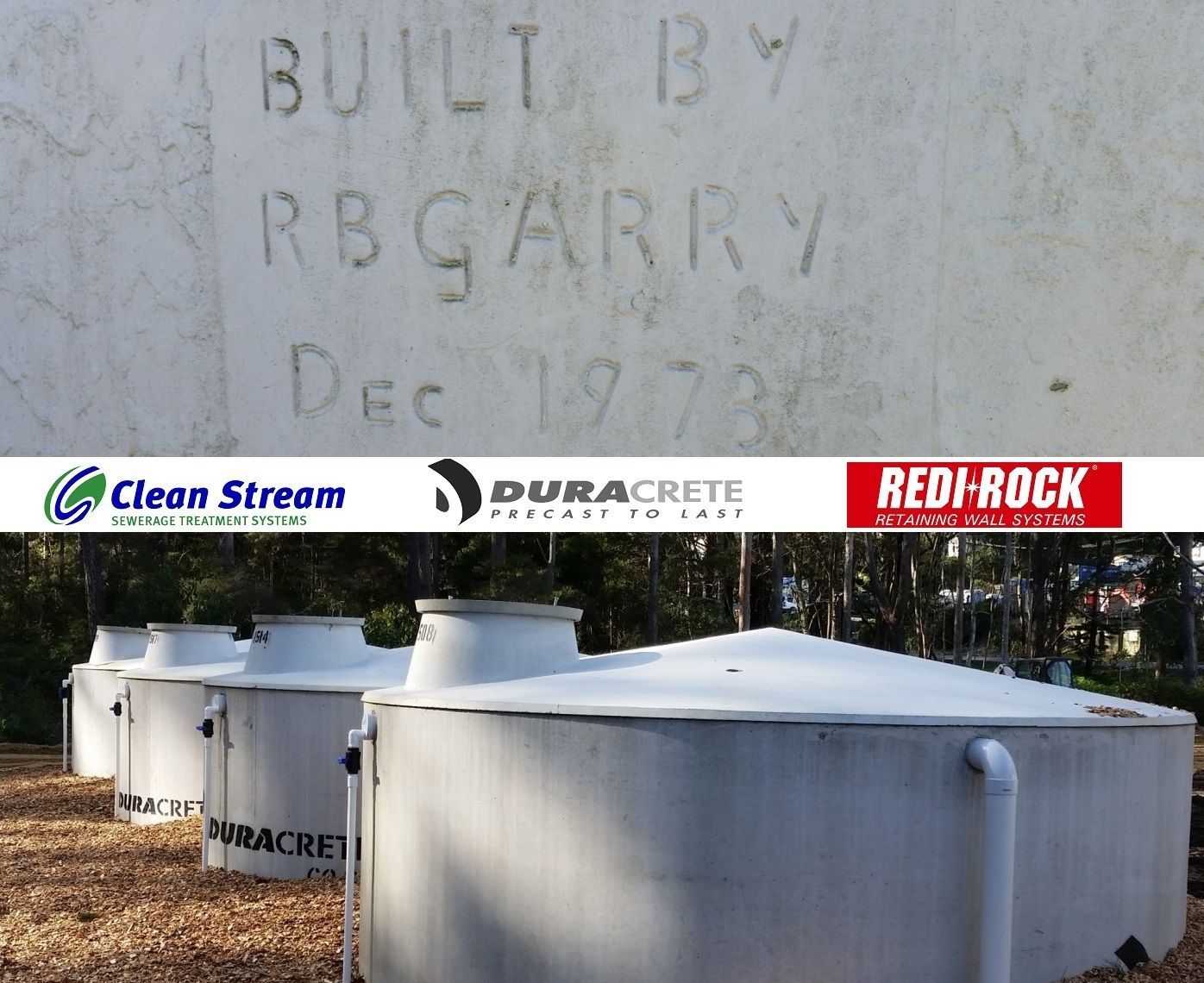 Concrete tanks with branding and inscription 
