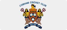 Cobham Cricket Club logo with two mermaids, crest, and blue text on white.