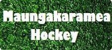 Maungakaramea Hockey text on a green grassy background.