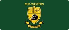 Green banner with Mid-Western school crest. Crest shows boar, tools, and text 