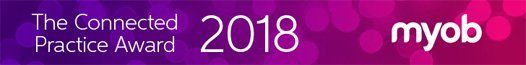 The Connected Practice Award 2018 myob logo on a purple and pink background.
